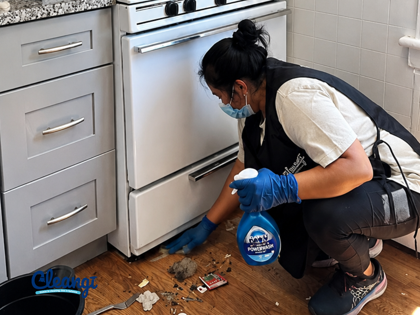 Cleangi cleaner spraying and wiping the kitchen floor near the stove